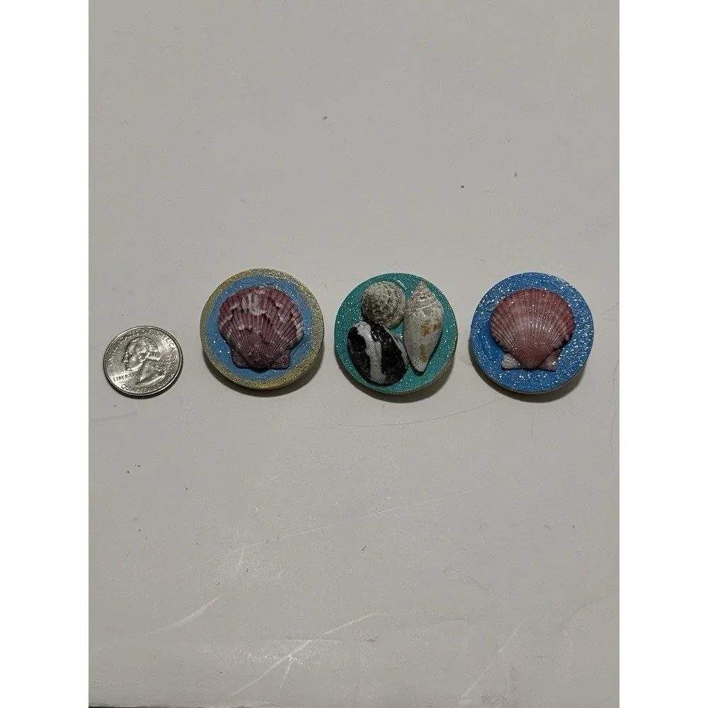 Set Of 3 Handmade Seashell Wooden Pins‎ Brooches Glitter Sparkle Beach Gifts